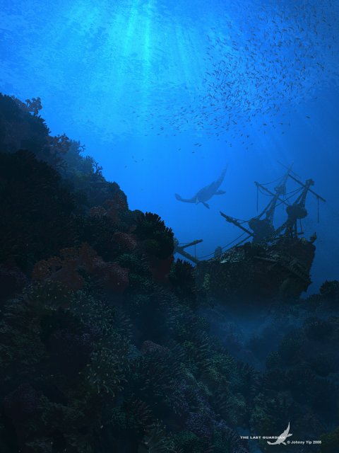 "A digital illustration depicts an underwater scene with a large marine reptile swimming past a shipwreck on a coral reef. Shafts of sunlight enetrate the deep blue water, illuminating a massive school of fish above the wreckage."